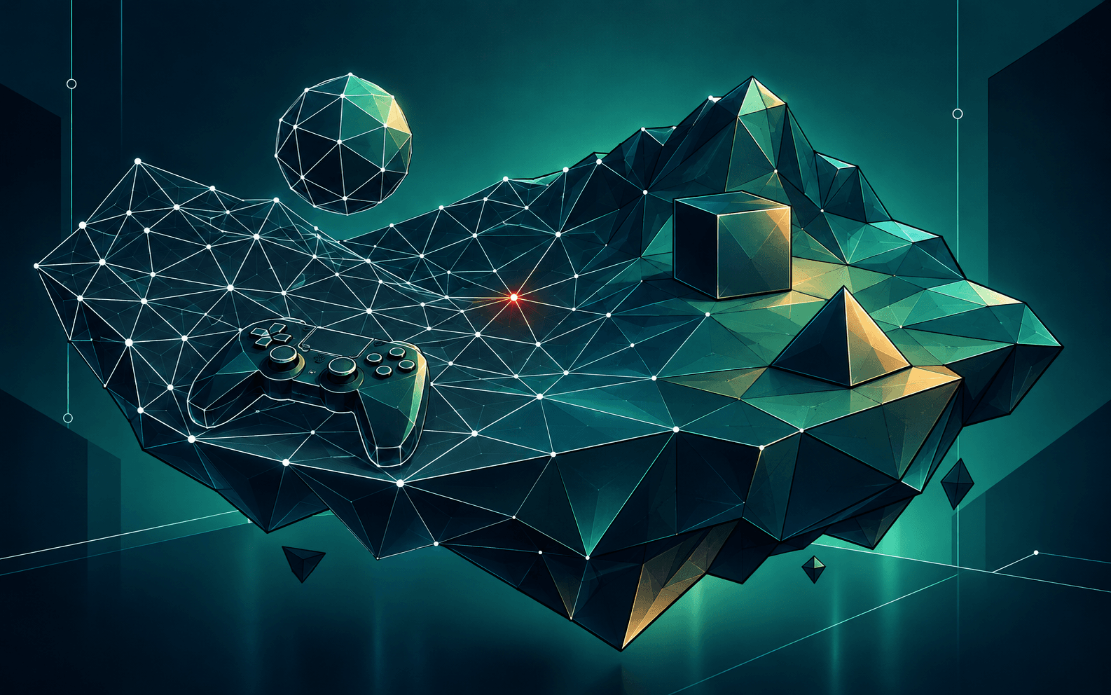 Illustration of a low-poly wireframe terrain mesh with faceted geometric shapes and a game controller outline, in deep teal with a single red highlighted point.
