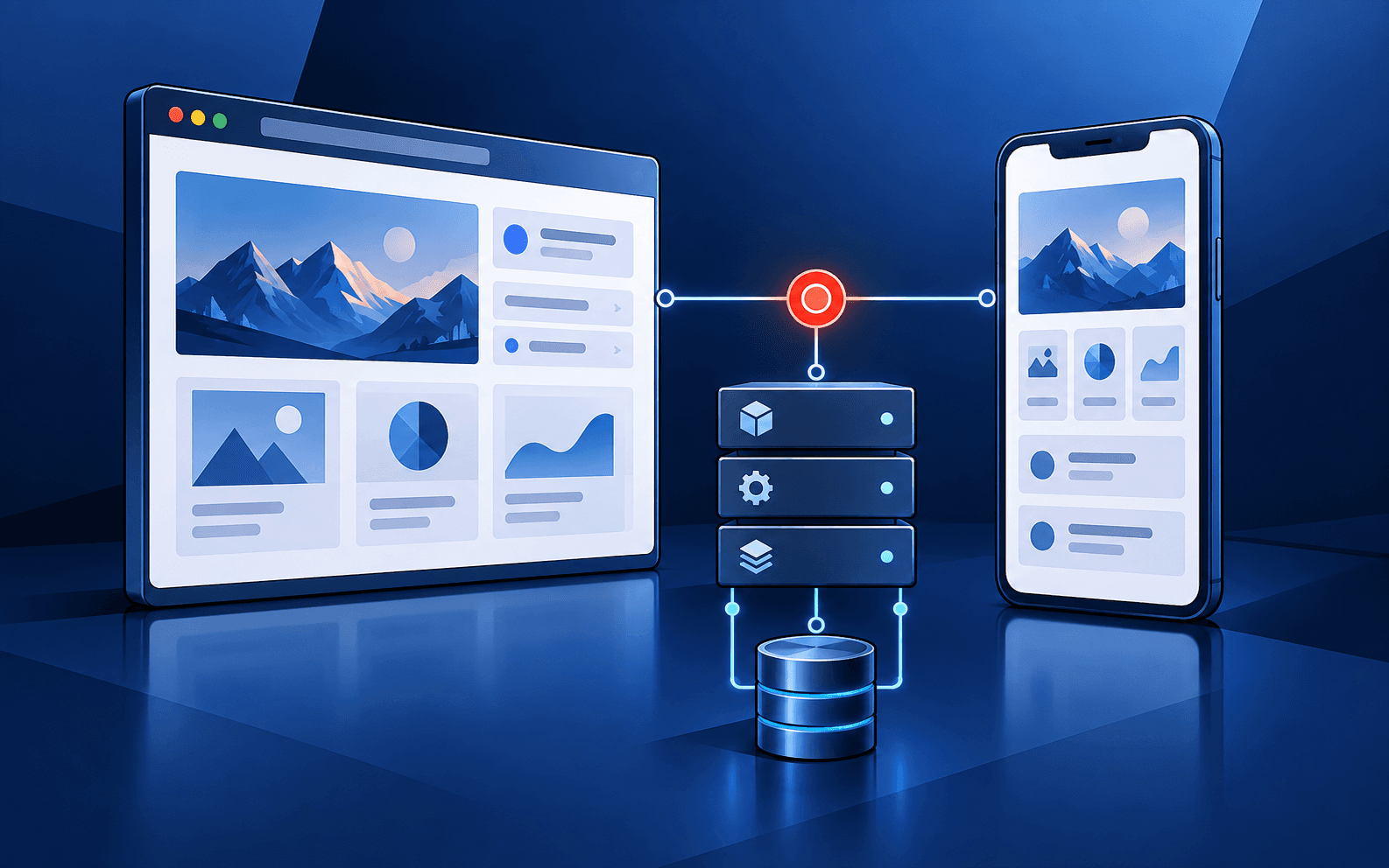 Illustration of a browser window and a smartphone connected to a shared stack of services and a database, in deep blue with a single red connection point.