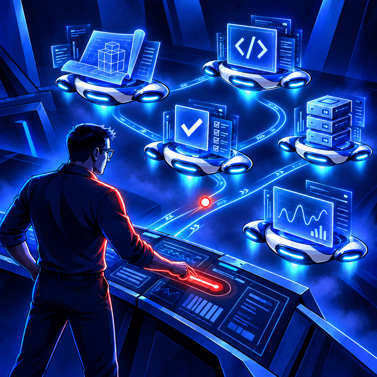 A software architect with glasses stands at a console with a red control strip, directing five hovering drones that carry glowing blue workstations: a blueprint, code, a checklist, a server stack and a monitoring chart.
